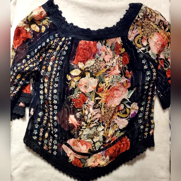 Black MD Multi-color Floral Blouse Crochet Lace Top #O31 - Picture 9 of 9